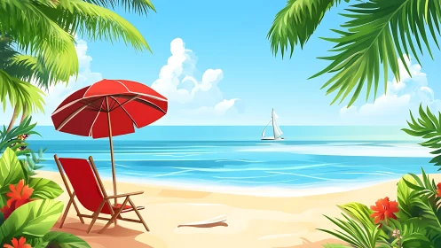 Tropical Beach Scene with Red Parasol: Digital Vector Illustration of Coastal Leisure