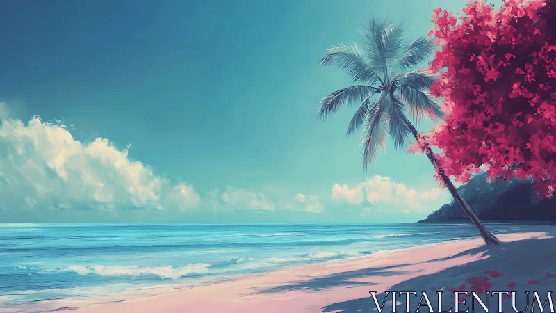 Tropical Beach at Sunset with Pink Flowering Tree.