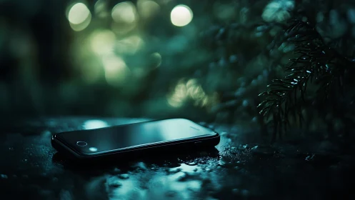 Smartphone in Dark Forest with Bokeh Lights