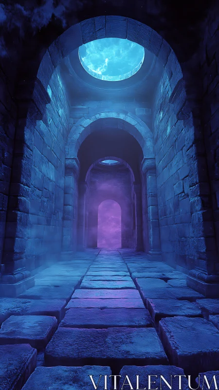 Stone corridor extends toward circular skylight and portal