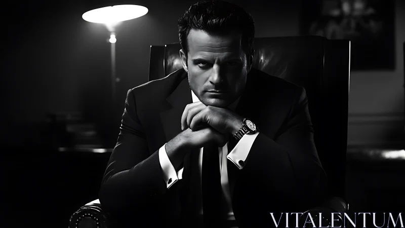 Brooding businessman in chiaroscuro office portrait.