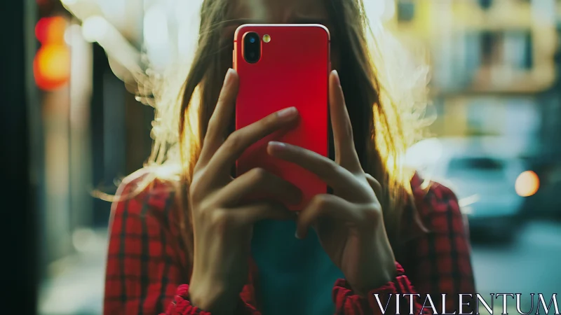 Streetlight glow around a red phone and hidden face.