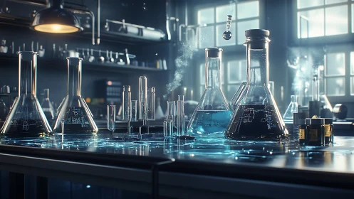 Sunlit laboratory glassware glowing with curious blue light.