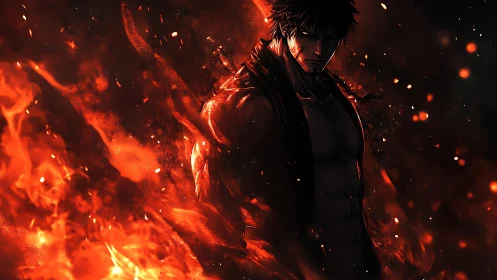 Male anime figure stands amid dense orange and red flames
