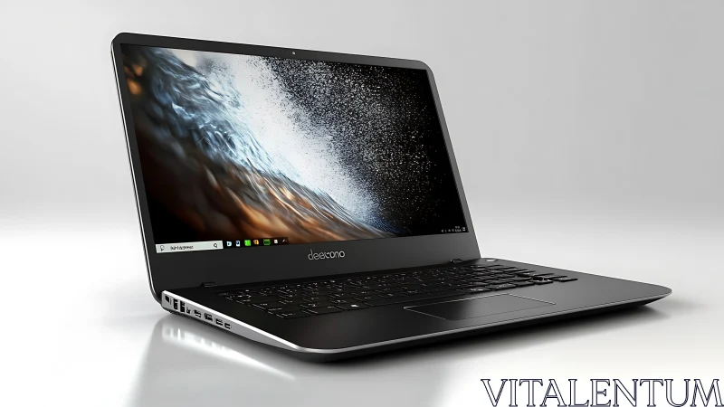 Sleek graphite laptop cradling a crashing digital wave display.