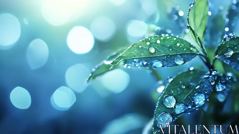 Macro leaves shimmer under cool dewdrops and bokeh light.