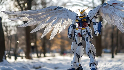 Winged mecha stands in snowy park with glowing backlight.