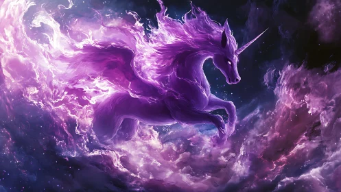Luminous violet nebula unicorn rendered in dynamic astral clouds