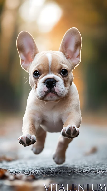 Playful French bulldog puppy leaps along a sunlit path