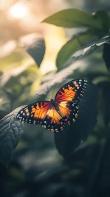 Gentle forest butterfly resting in soft golden sunlight.