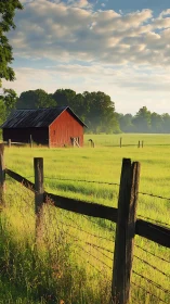 Sunlit red barn beyond rustic fence in misty pasture.