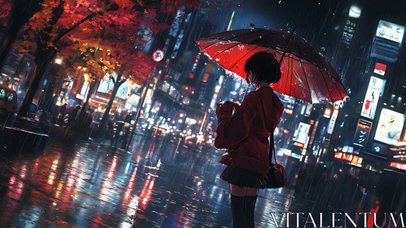 Quiet umbrella walk through neon rain and autumn light.