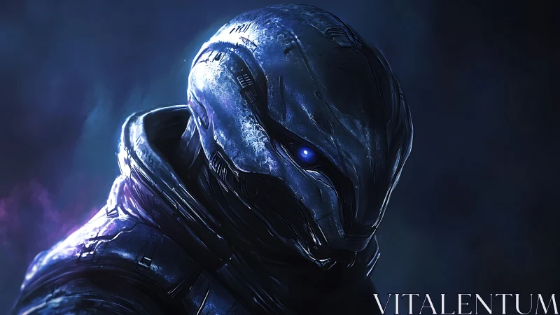 Cybernetic alien warrior glares from the shadows in blue light.