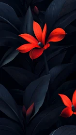 Crimson Flowers Blooming Against Obsidian Foliage.