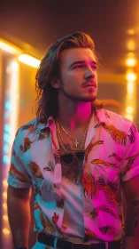 Man in patterned shirt under neon corridor lighting at night.