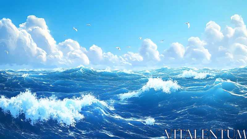 Rolling sapphire waves under towering sunlit clouds.