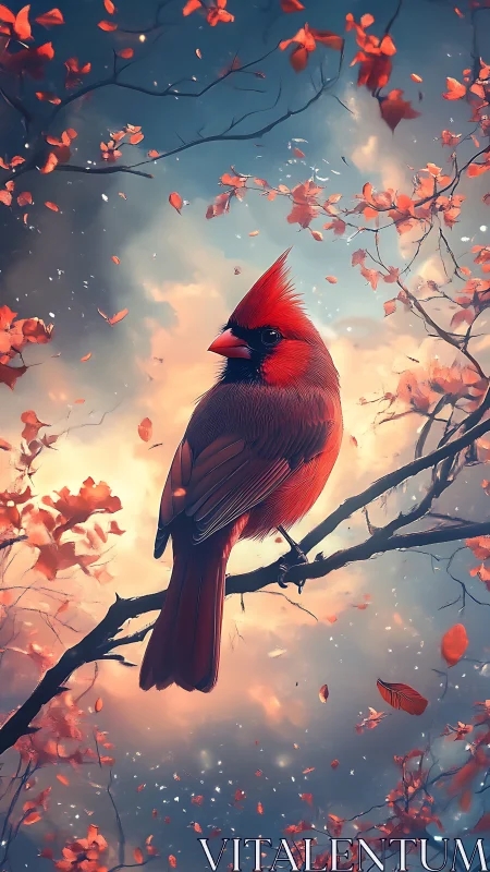 Crimson cardinal resting softly in swirling autumn light.