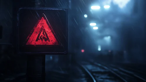 Red hazard rail sign glowing in rainy night station.
