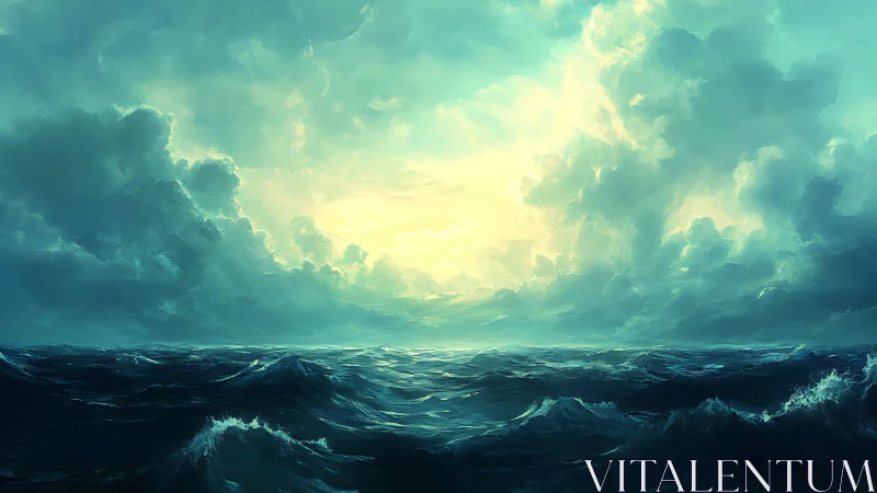 Open ocean waves under dense clouds at pale sunrise.