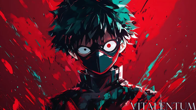 Masked anime character in red and teal abstract background.