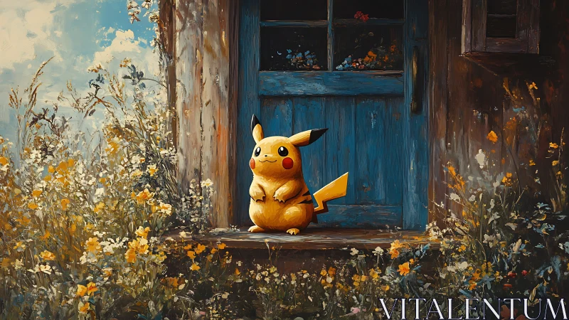 Pikachu resting by rustic blue door in wildflower garden.