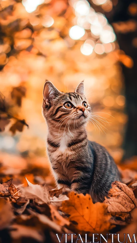 Tabby Cat Looking Upward Amid Autumn Leaves.