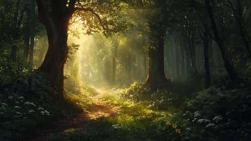 Forest Path Bathed in Golden Sunlight Through Dense Trees.