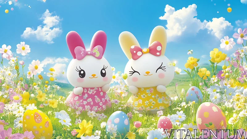 Cartoon rabbit figures in floral meadow with painted eggs.