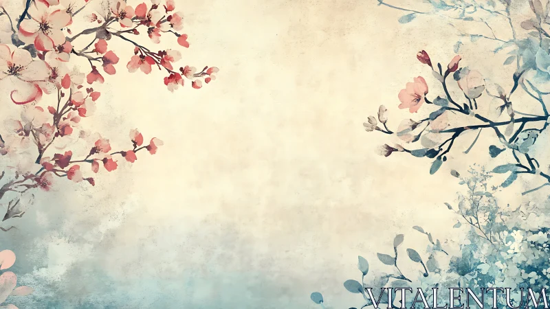 Soft blossom branches frame a tranquil vintage canvas space