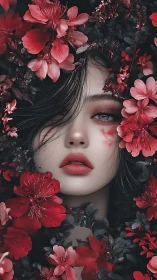 Portrait of pale woman framed by vivid red blossoms