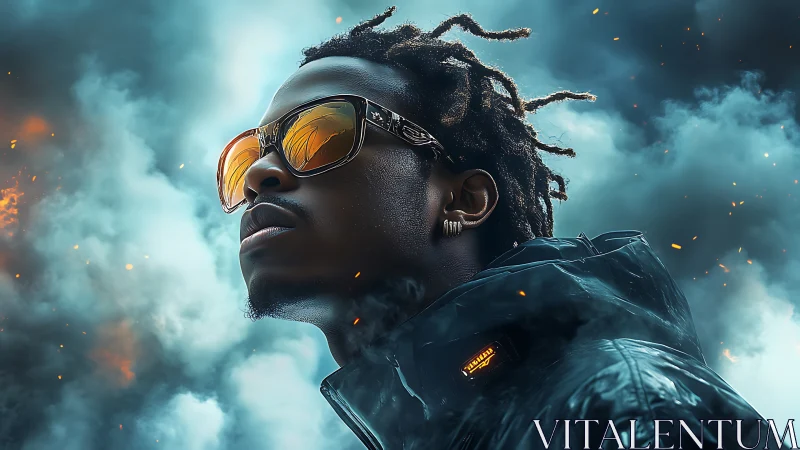 Storm-lit street futurist in ember-tinted chrome shades.