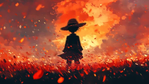 Solitary wanderer in ember field under burning sky.