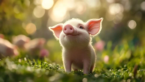 Smiling piglet stands in sunlit meadow with soft bokeh light