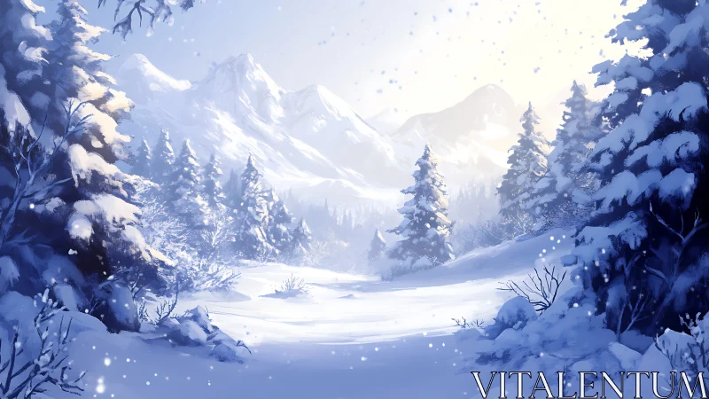 Snow-laden pine forest before distant sunlit mountains.