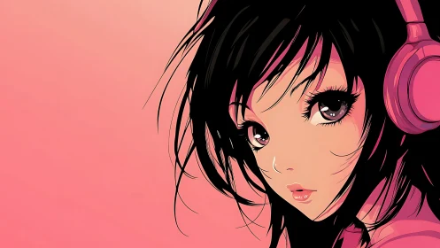 High-contrast anime portrait with cel-shaded pink headphones