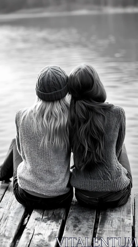 Two Figures Seated on Weathered Dock Over Water.
