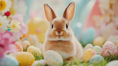 Photorealistic Easter rabbit amid pastel decorated eggscape.