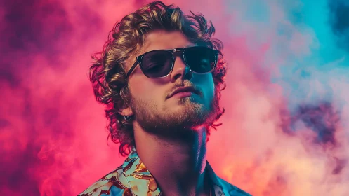 Neon-lit portrait of stylish man in sunglasses and smoke.
