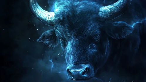 Glowing blue bull portrait with intense forward stare.