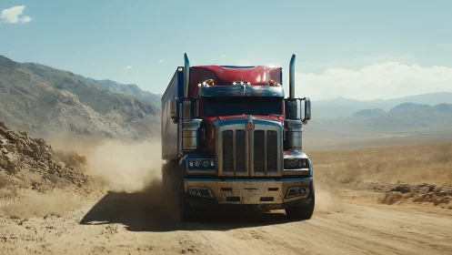 Red blue semi truck powers down dusty desert road.
