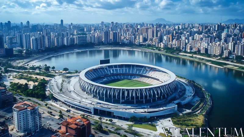 Modern circular stadium dominates lakeside urban skyline