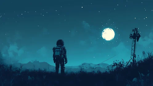 Silhouetted astronaut under lunar glow in minimalist landscape digital painting.