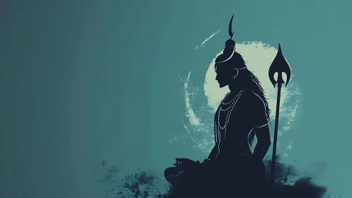 Silhouette of meditative figure with trident on teal field.