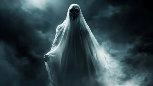 Spectral wraith emerging from mist in dramatic moonlit gloom.