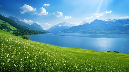 Alpine lake bordered by grassy hillside and distant peaks.