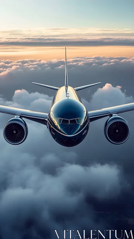 Jetliner greeting sunrise skies above soft cloud seas.