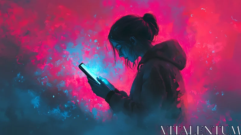 Solitary user illuminated by smartphone in neon vapor haze