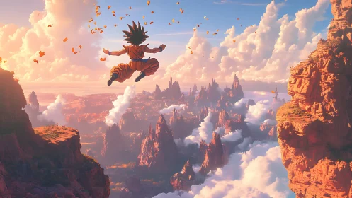 Anime warrior soaring above sunlit canyon cloudscape