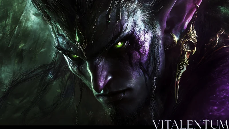 Demonic elf portrait shows glowing eyes and ornate earrings