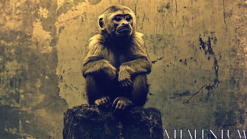 Small stone philosopher studies the stained yellow wall